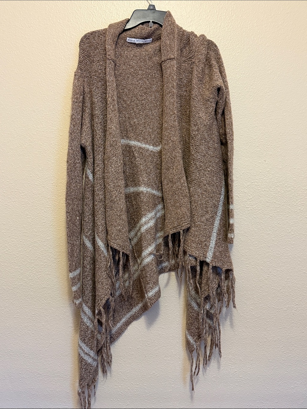 HYFVE Taupe Open-Front Fringe Poncho with Cream Stripes sweater